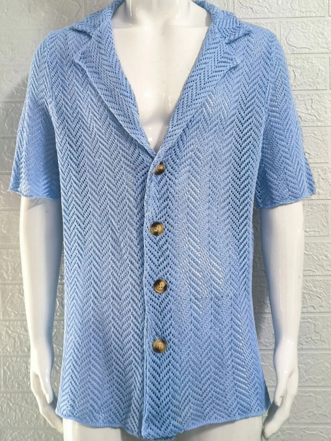 Men's Plus Size Herringbone Eyelet Button Down Knit Shirt - Image 7