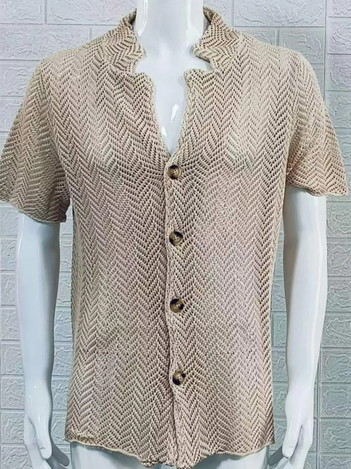 Men's Plus Size Herringbone Eyelet Button Down Knit Shirt - Image 8