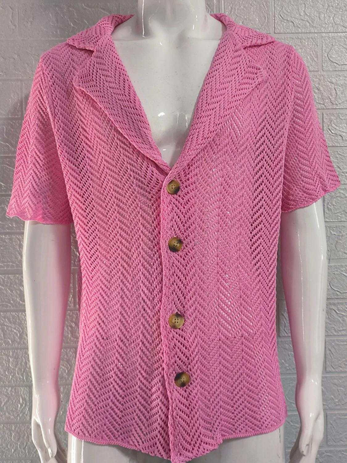 Men's Plus Size Herringbone Eyelet Button Down Knit Shirt - Image 9