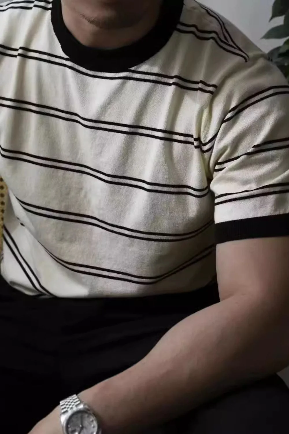 Men's Plus Size Round Neck Striped T-Shirt - Image 2