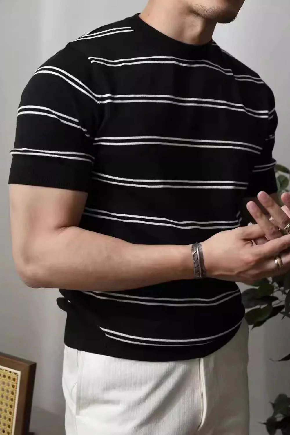 Men's Plus Size Round Neck Striped T-Shirt - Image 5