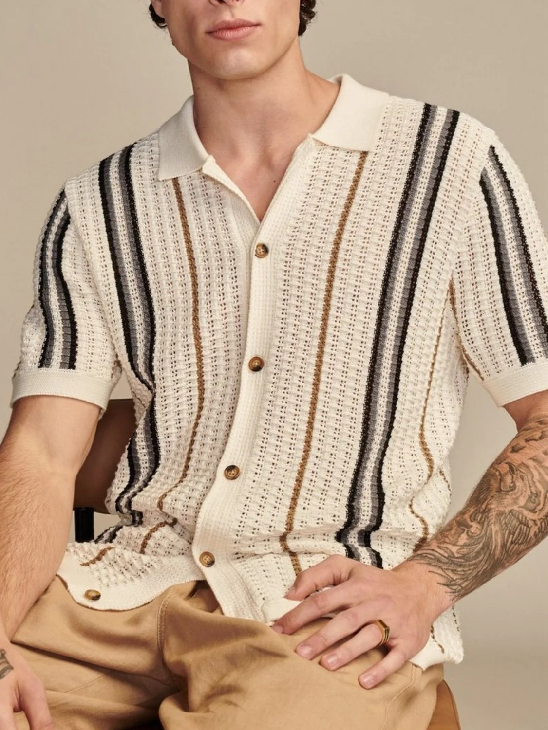 Men's Plus Size Striped Collared Neck Short Sleeve Shirt - Image 3