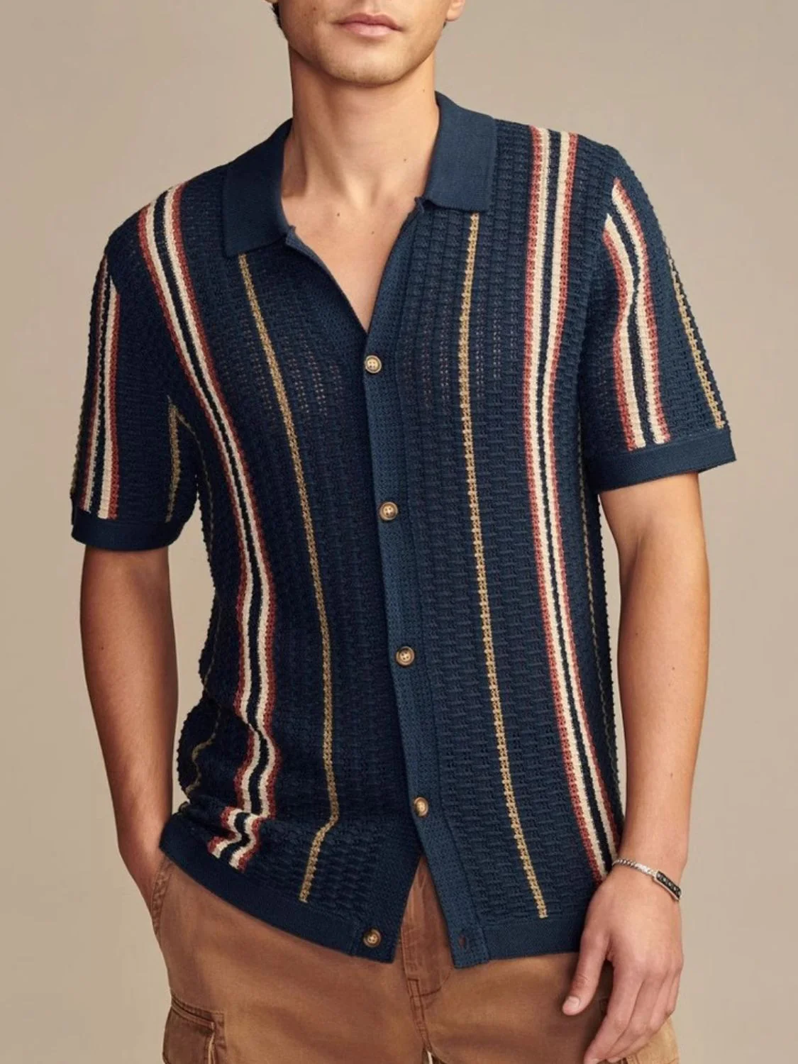 Men's Plus Size Striped Collared Neck Short Sleeve Shirt - Image 4