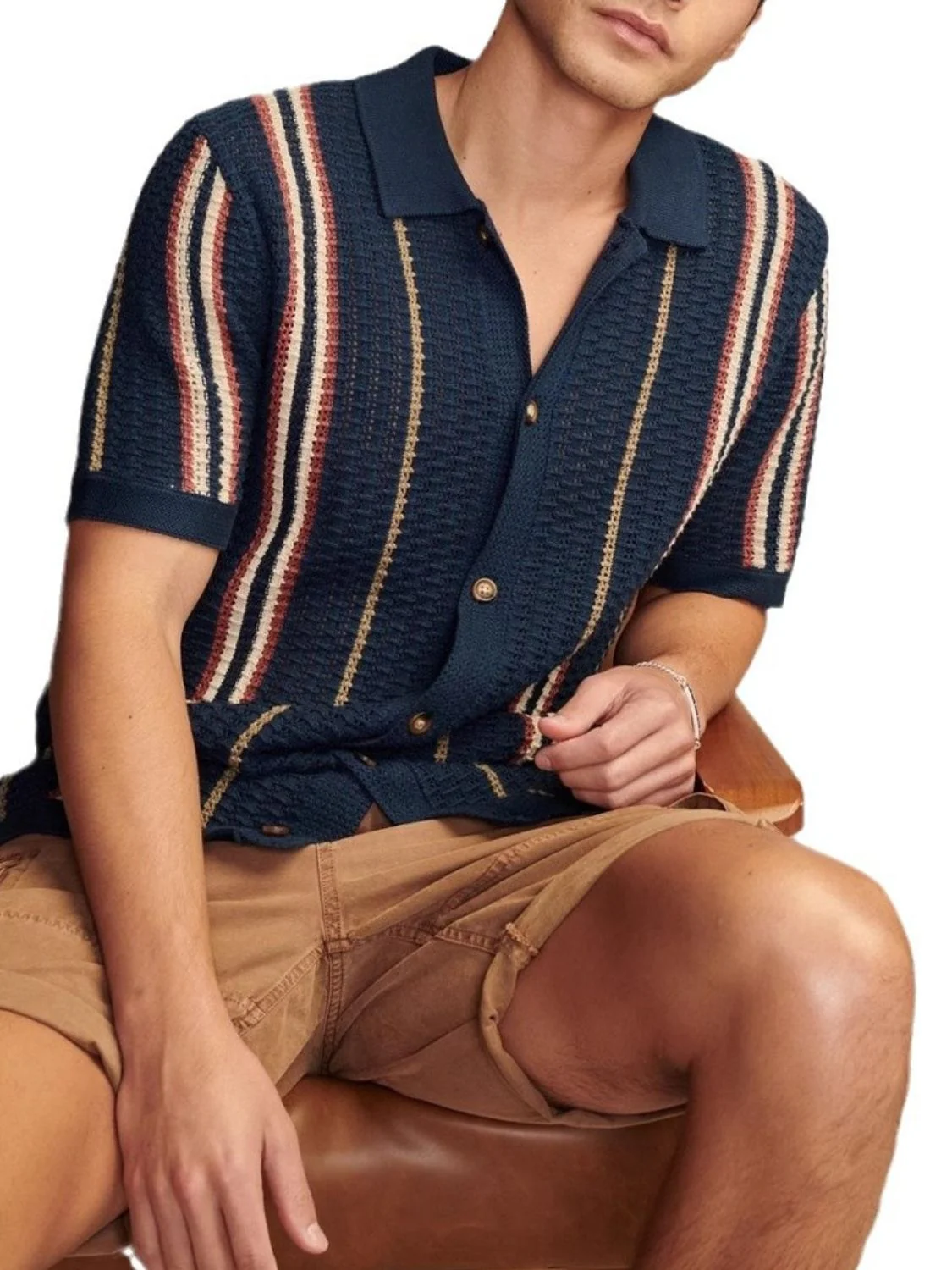 Men's Plus Size Striped Collared Neck Short Sleeve Shirt - Image 7