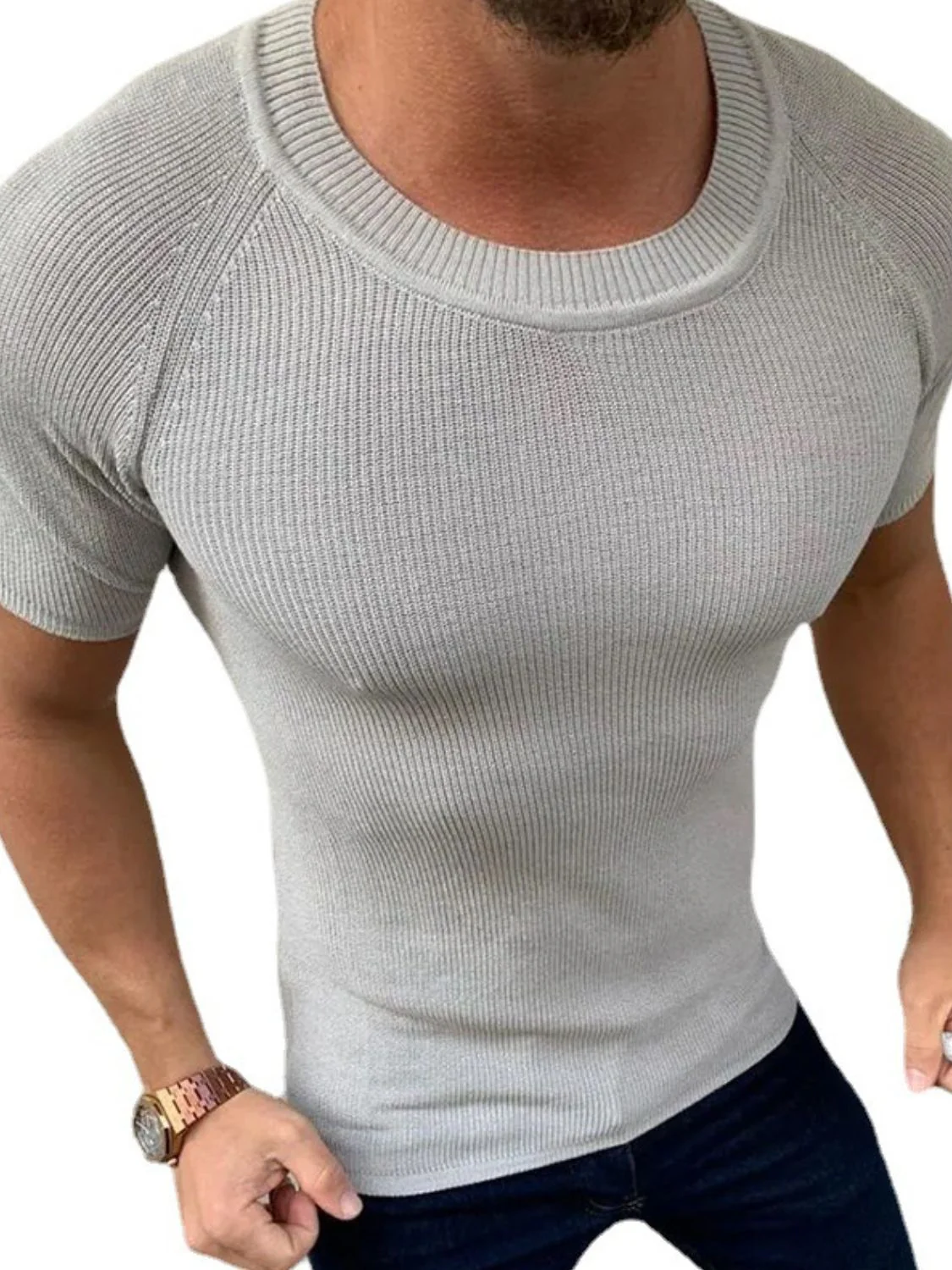Men's Round Neck Short Sleeve Ribbed Knit T-Shirt - Image 2