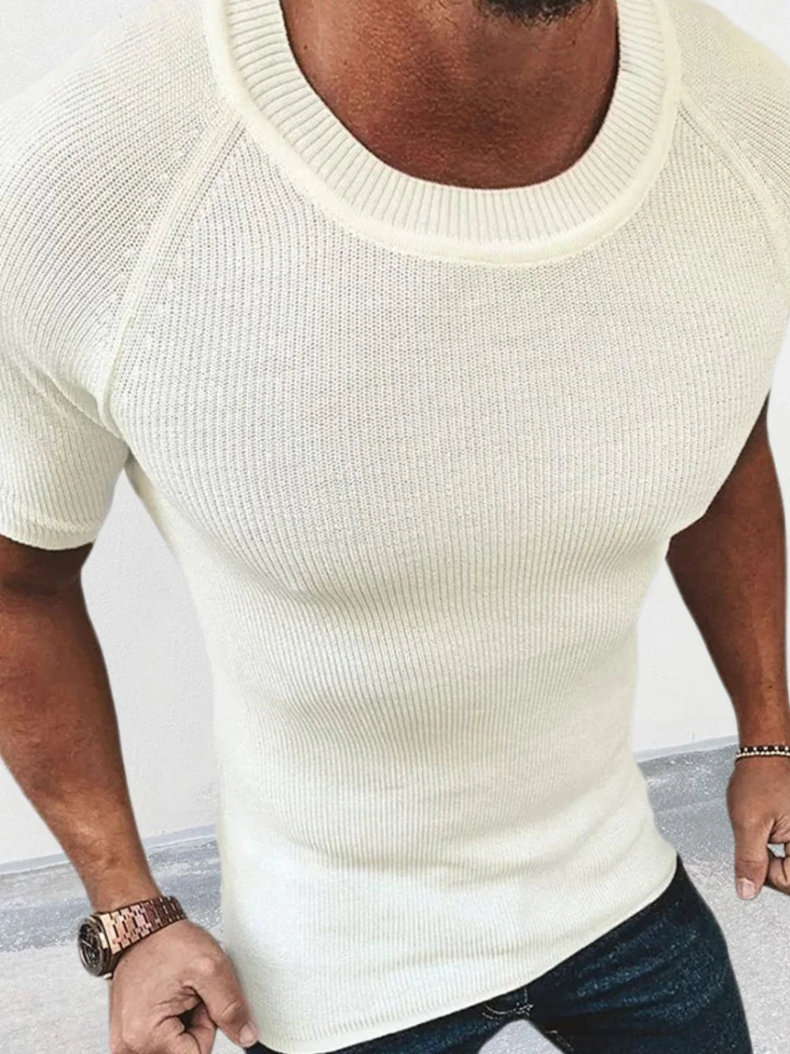 Men's Round Neck Short Sleeve Ribbed Knit T-Shirt - Image 3