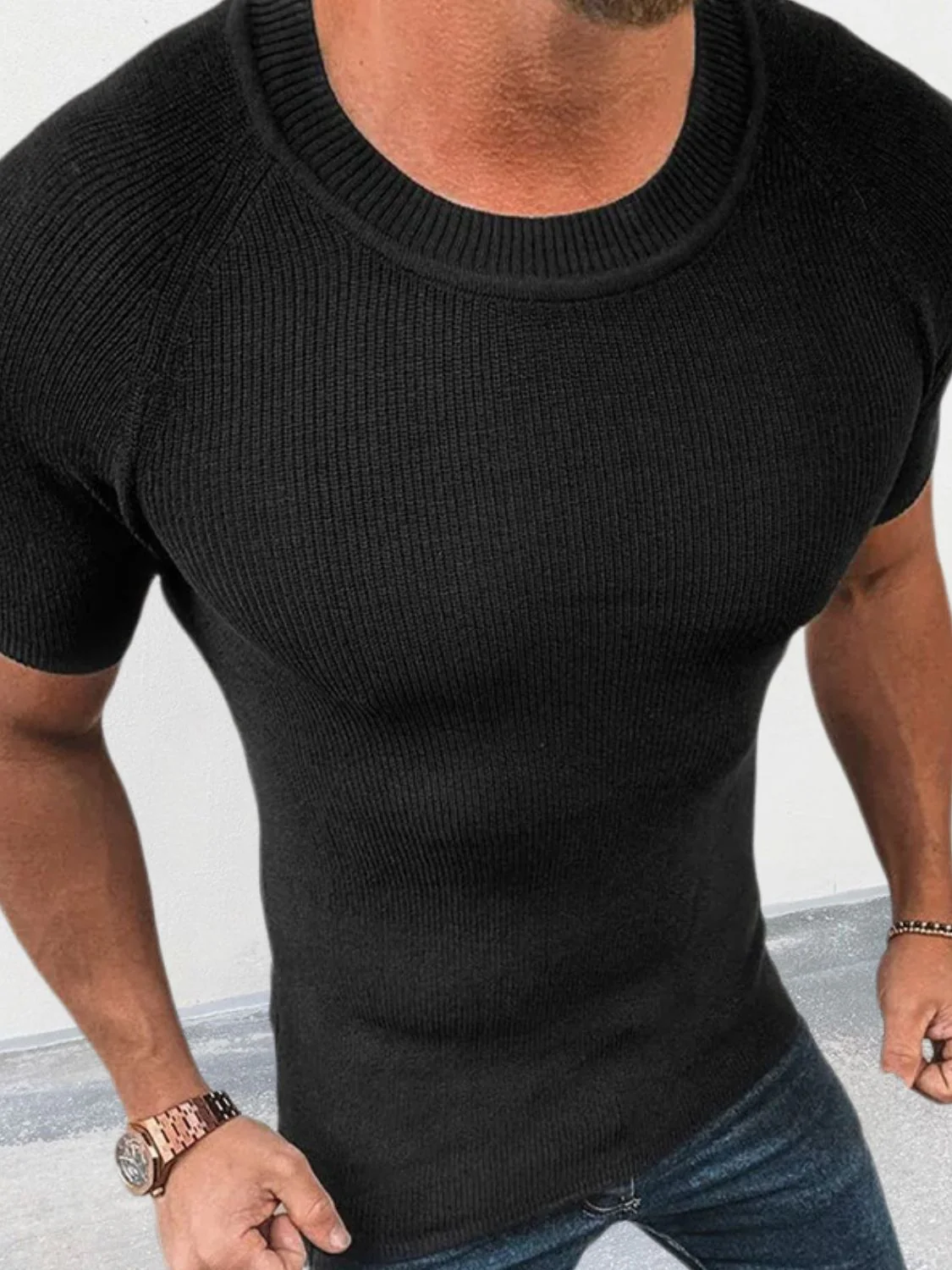 Men's Round Neck Short Sleeve Ribbed Knit T-Shirt - Image 4