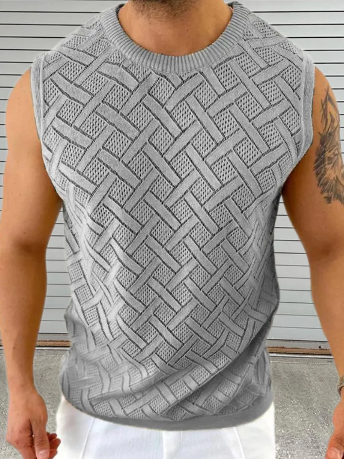 Men's Round Neck Sleeveless Eyelet Knit Top - Image 2