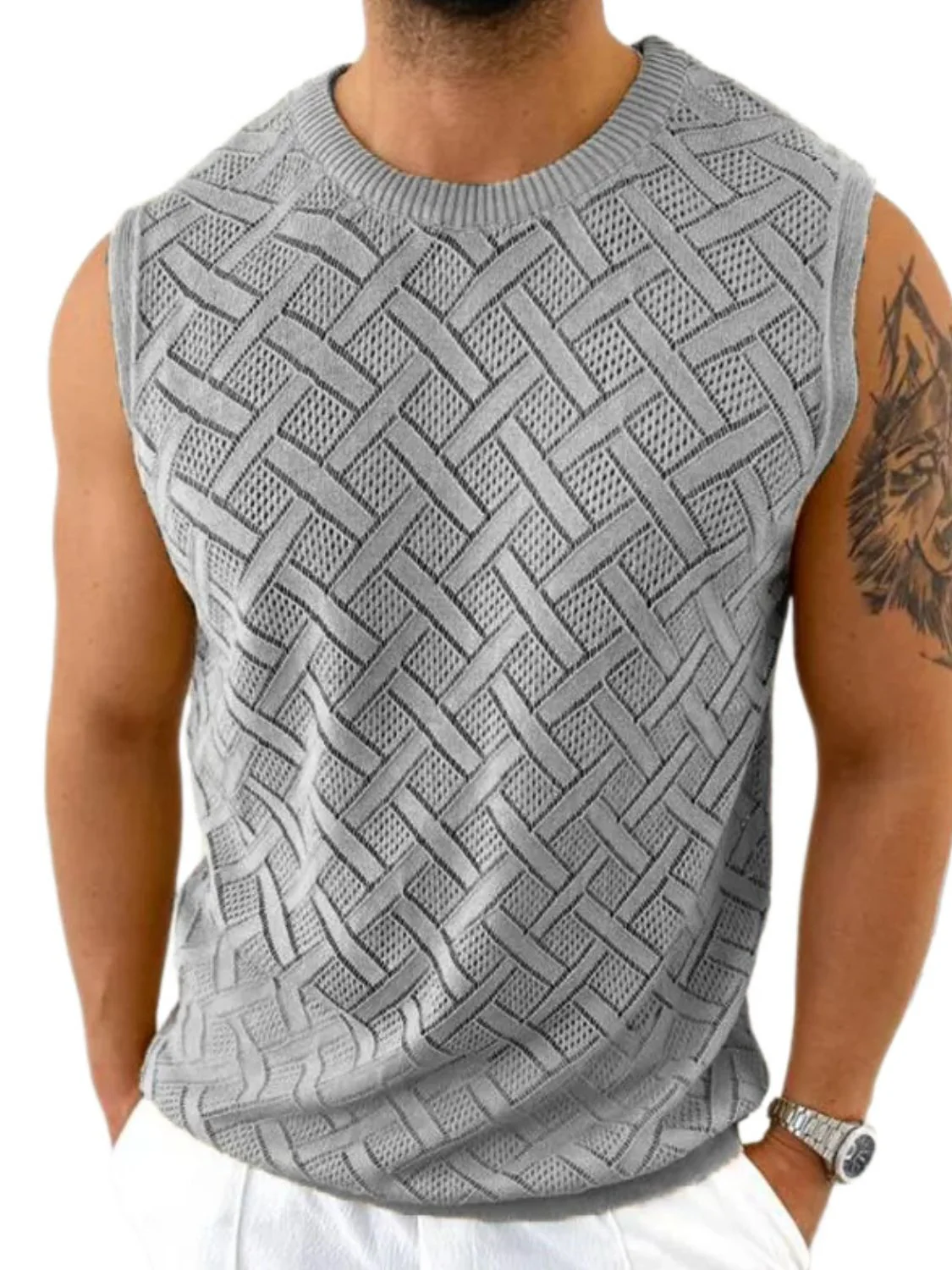 Men's Round Neck Sleeveless Eyelet Knit Top - Image 3
