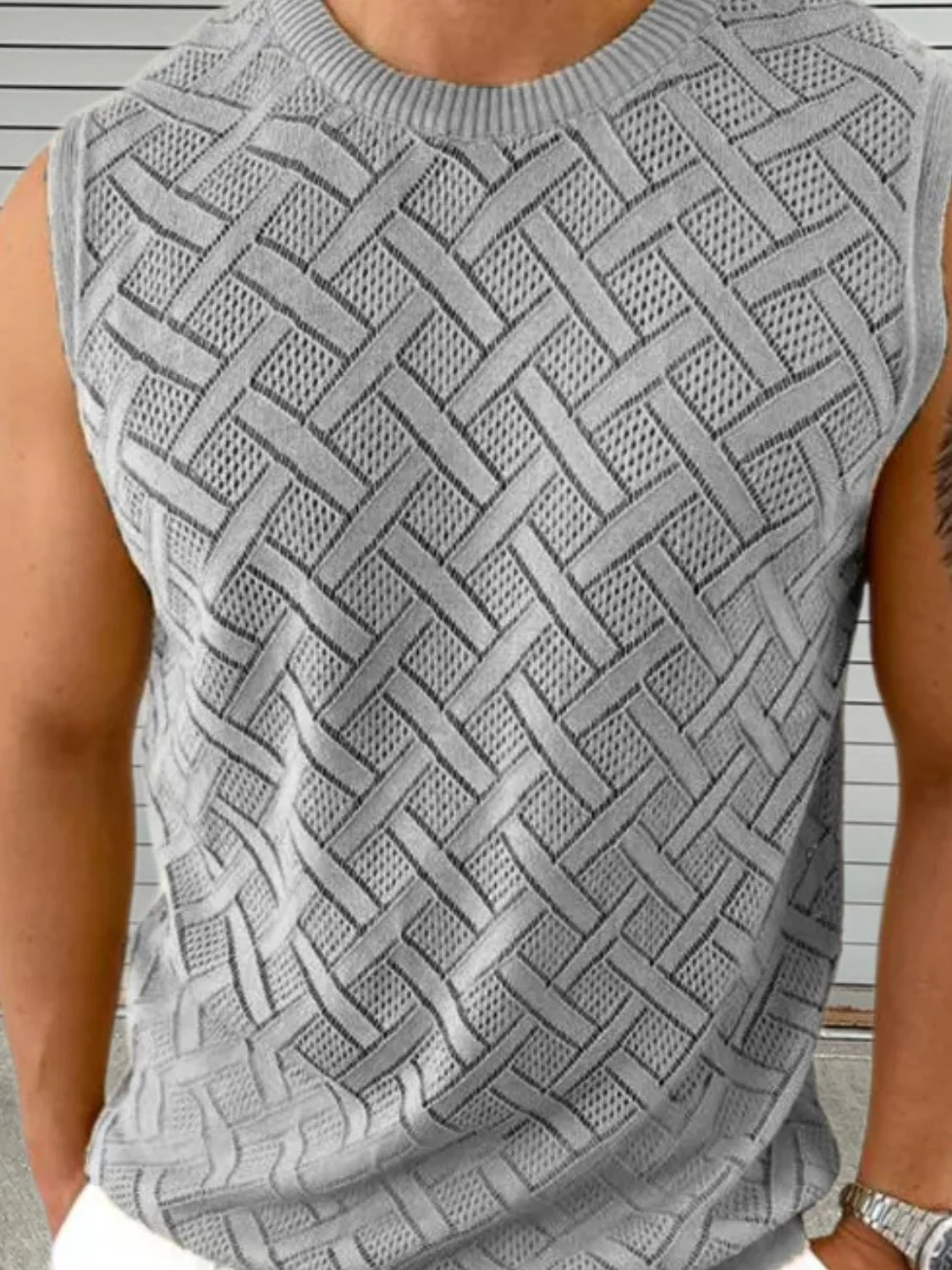 Men's Round Neck Sleeveless Eyelet Knit Top - Image 4