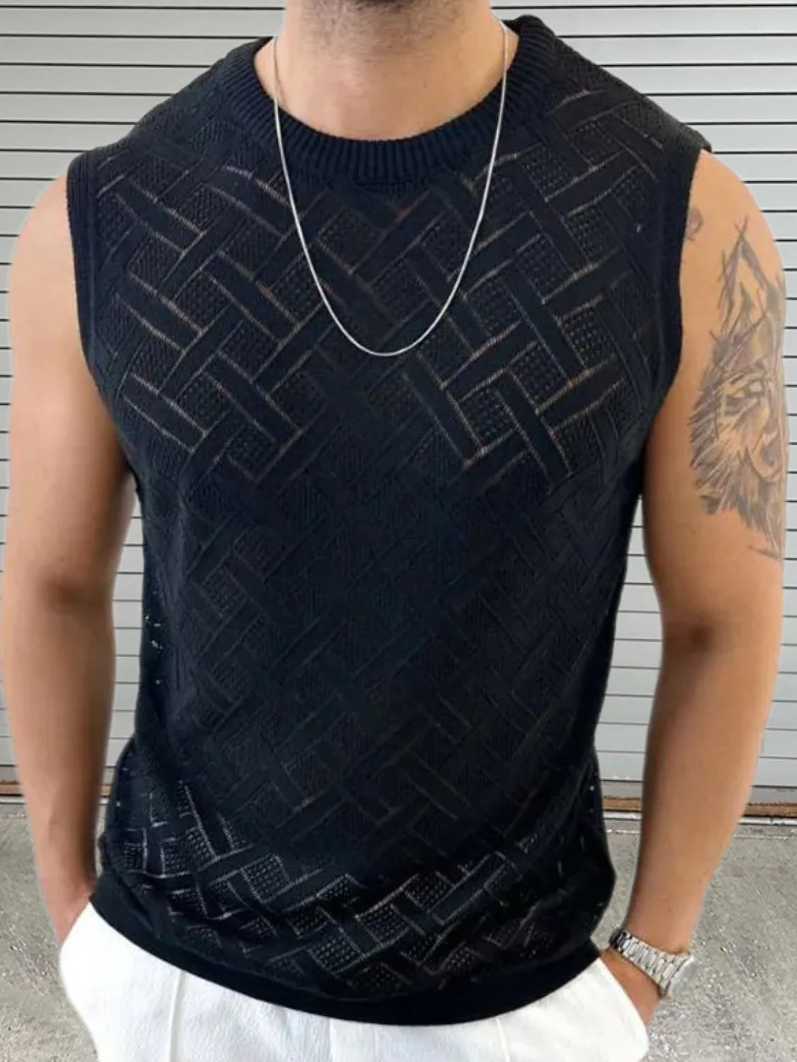 Men's Round Neck Sleeveless Eyelet Knit Top - Image 5