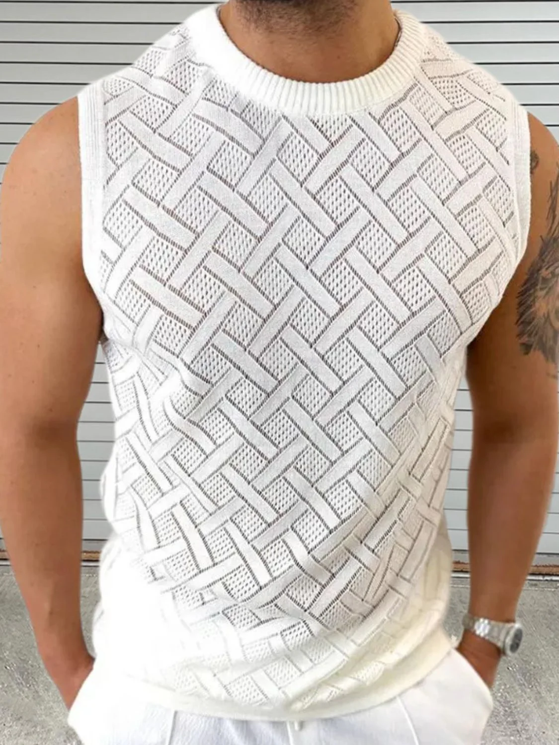 Men's Round Neck Sleeveless Eyelet Knit Top - Image 7