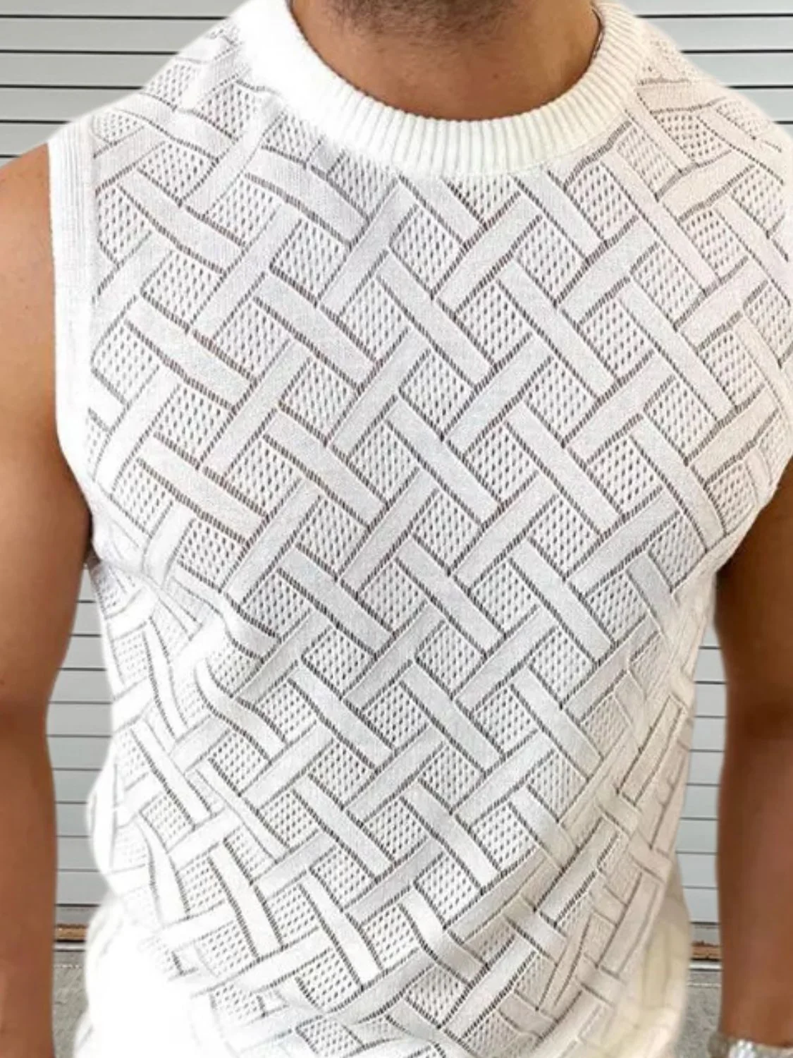 Men's Round Neck Sleeveless Eyelet Knit Top - Image 8