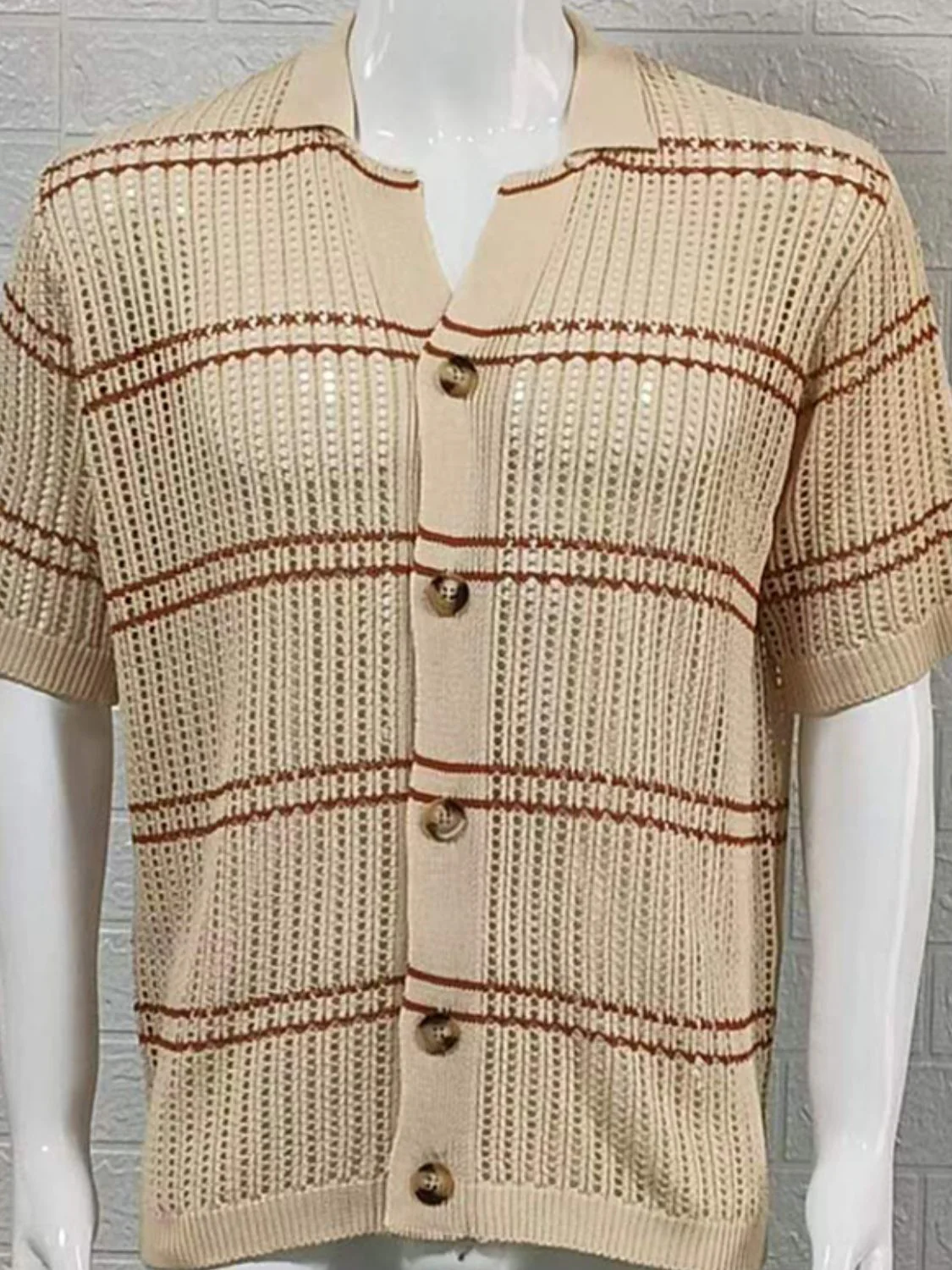 Men's Striped Collared Neck Hollow Out Shirt - Image 3