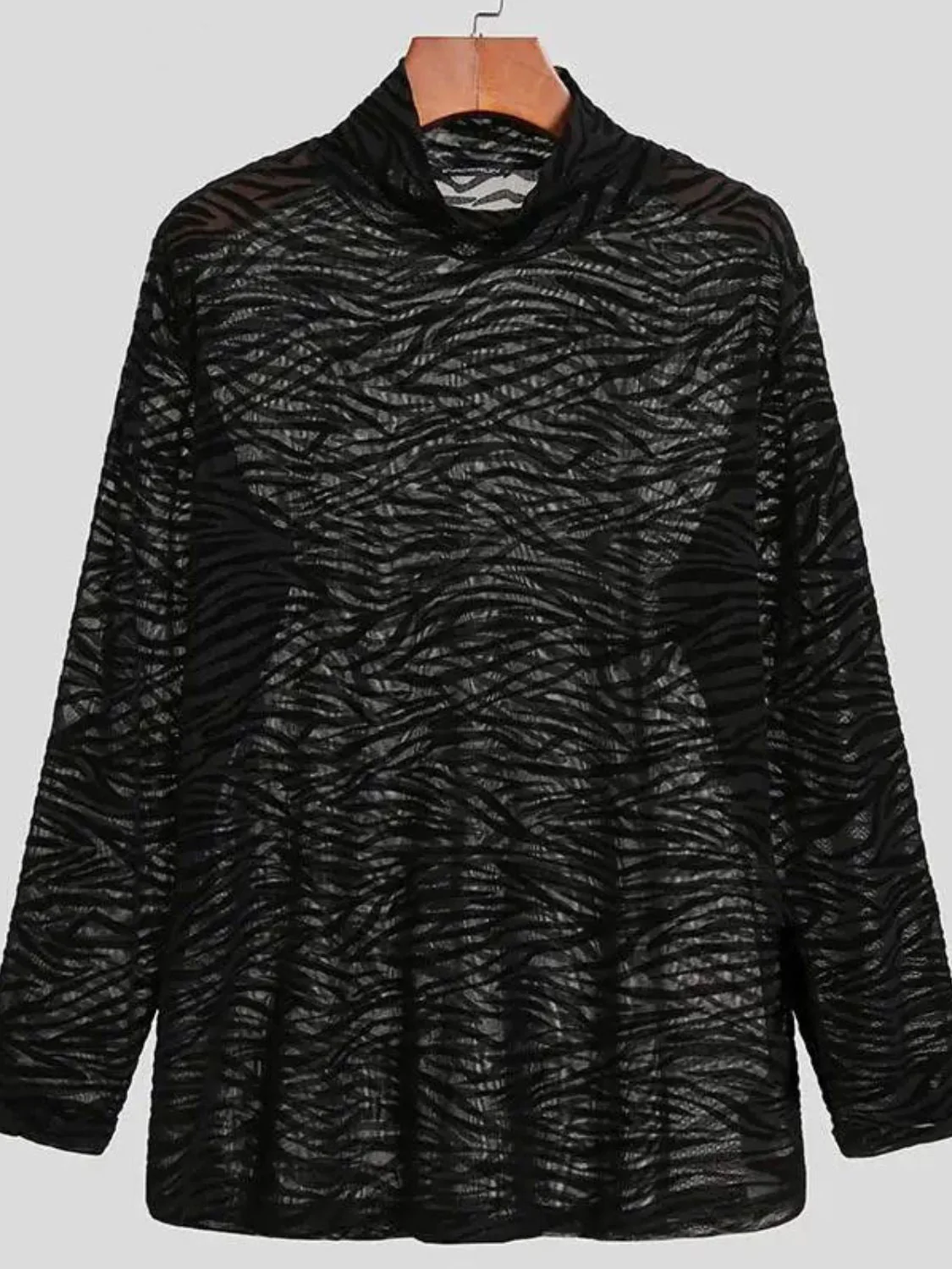Men's Zebra Print Mock Neck Long Sleeve Mesh Top - Image 2