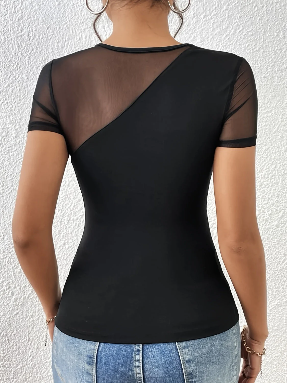 Mesh Patchwork Round Neck Short Sleeve Top - Image 5