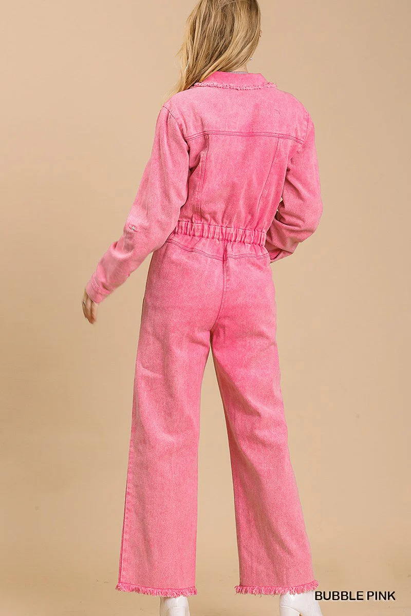 Mid button down stone wash wide leg distressed jumpsuit & side pockets with no lining - Image 5