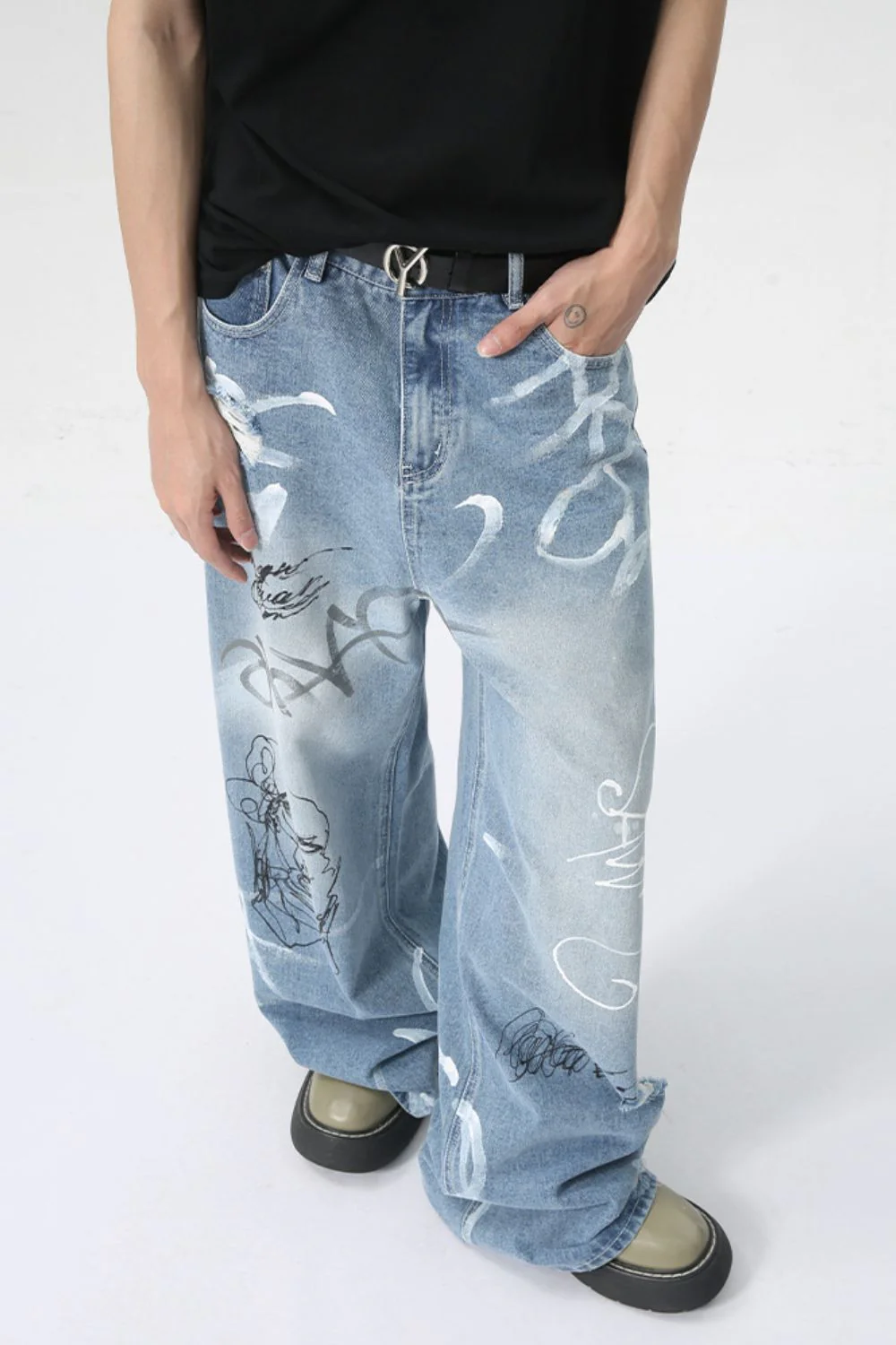 Mid Rise Graffiti Print Distressed Wide Leg Jeans - Image 2
