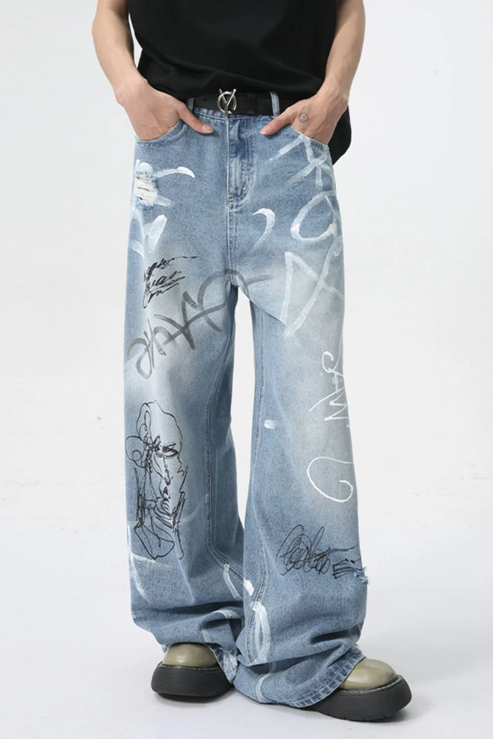 Mid Rise Graffiti Print Distressed Wide Leg Jeans - Image 4