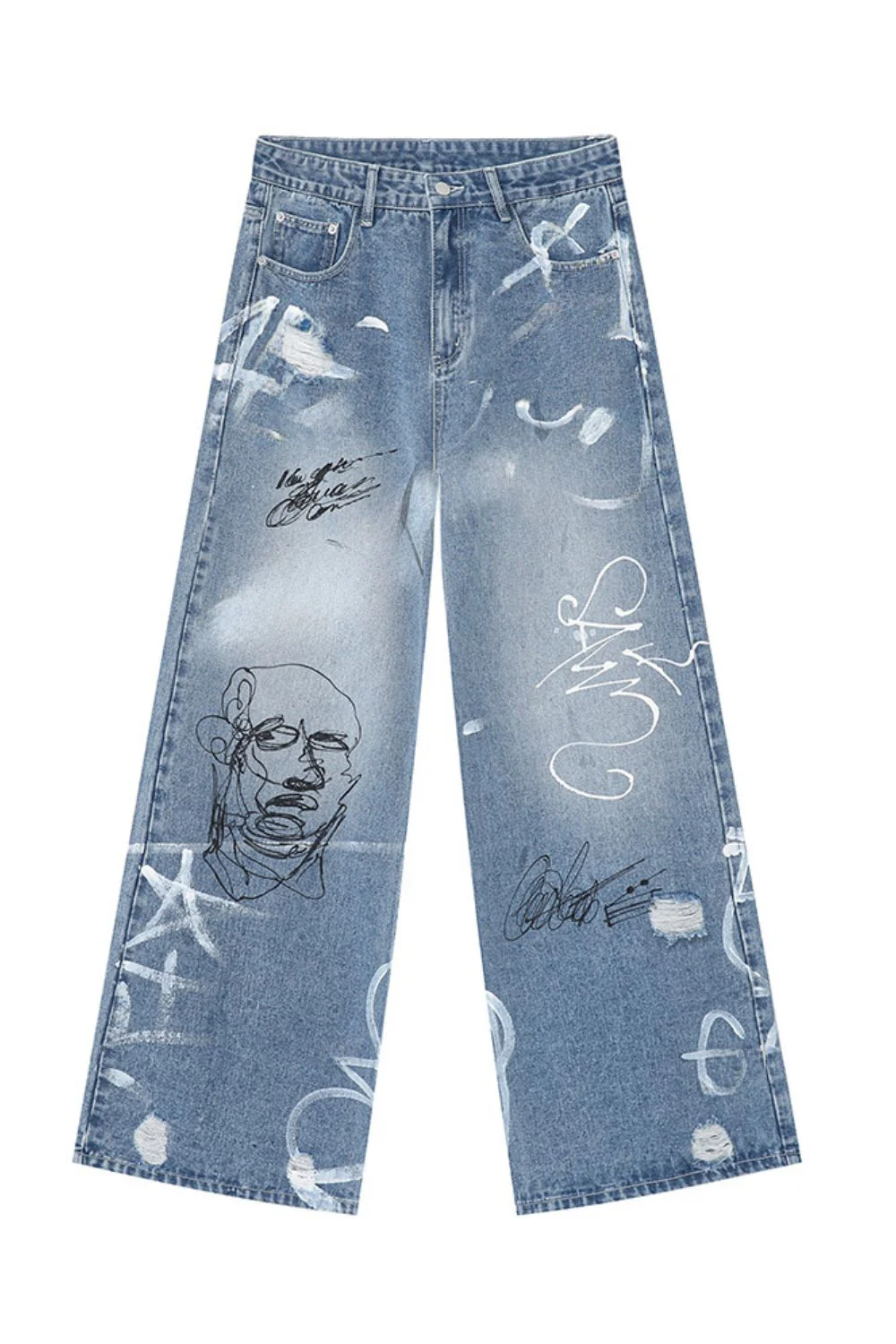 Mid Rise Graffiti Print Distressed Wide Leg Jeans - Image 6