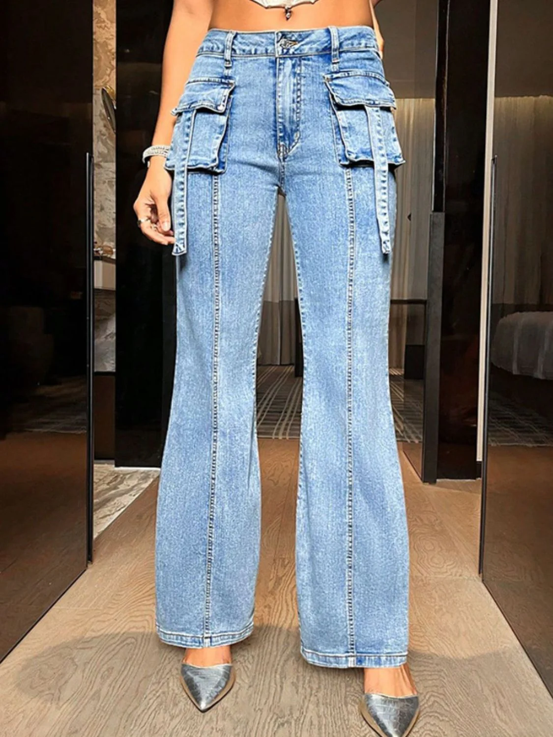 Mid Rise Straight Jeans with Cargo Pockets - Image 2