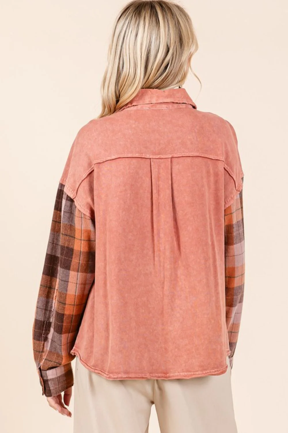 Mittoshop Button Down Contrast Plaid Patchwork Shacket - Image 2
