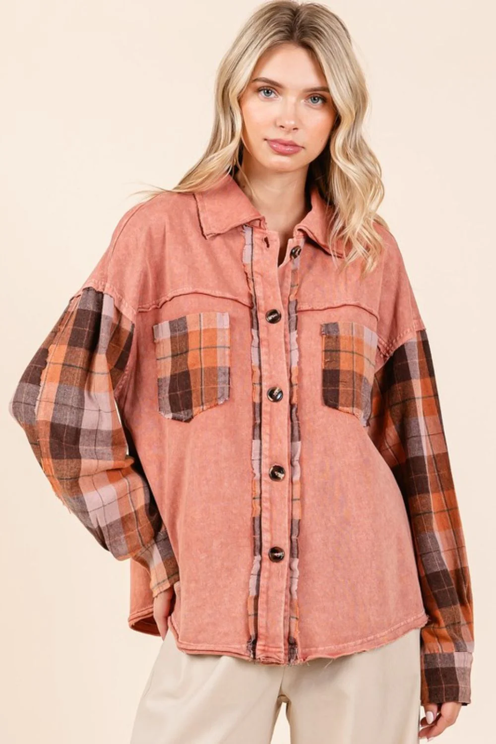 Mittoshop Button Down Contrast Plaid Patchwork Shacket - Image 3
