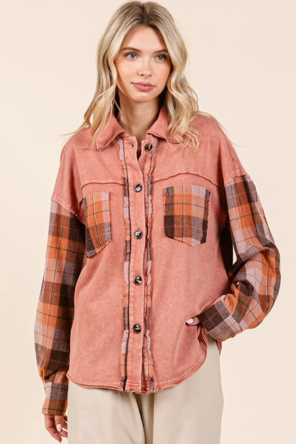 Mittoshop Button Down Contrast Plaid Patchwork Shacket - Image 4