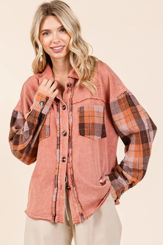 Mittoshop Button Down Contrast Plaid Patchwork Shacket - Image 6