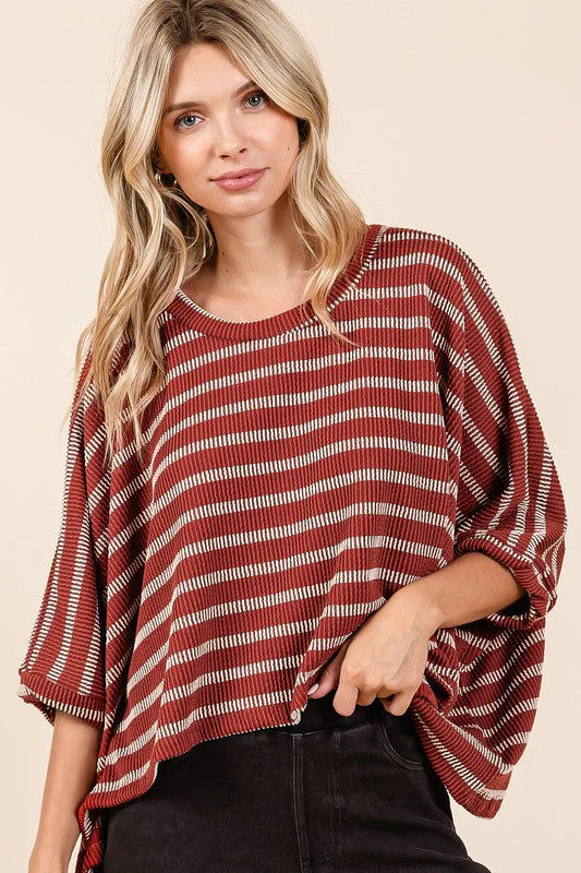 Mittoshop Texture Striped Print Round Neck Dolman Sleeve Top - Image 3