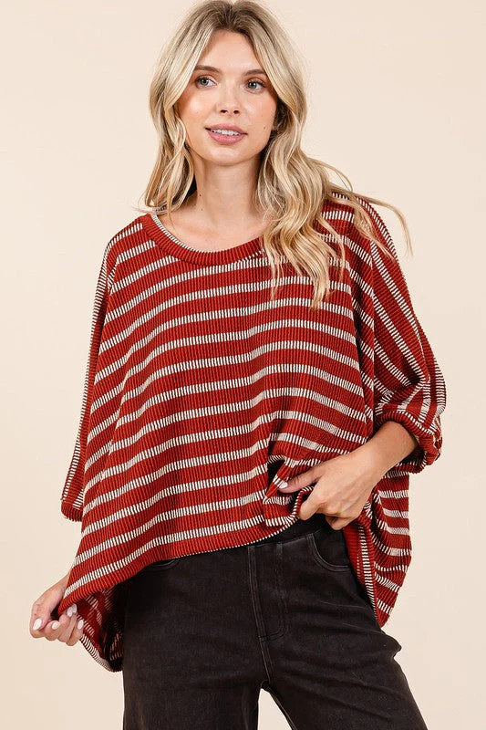Mittoshop Texture Striped Print Round Neck Dolman Sleeve Top - Image 4