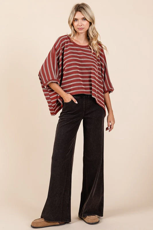 Mittoshop Texture Striped Print Round Neck Dolman Sleeve Top - Image 5
