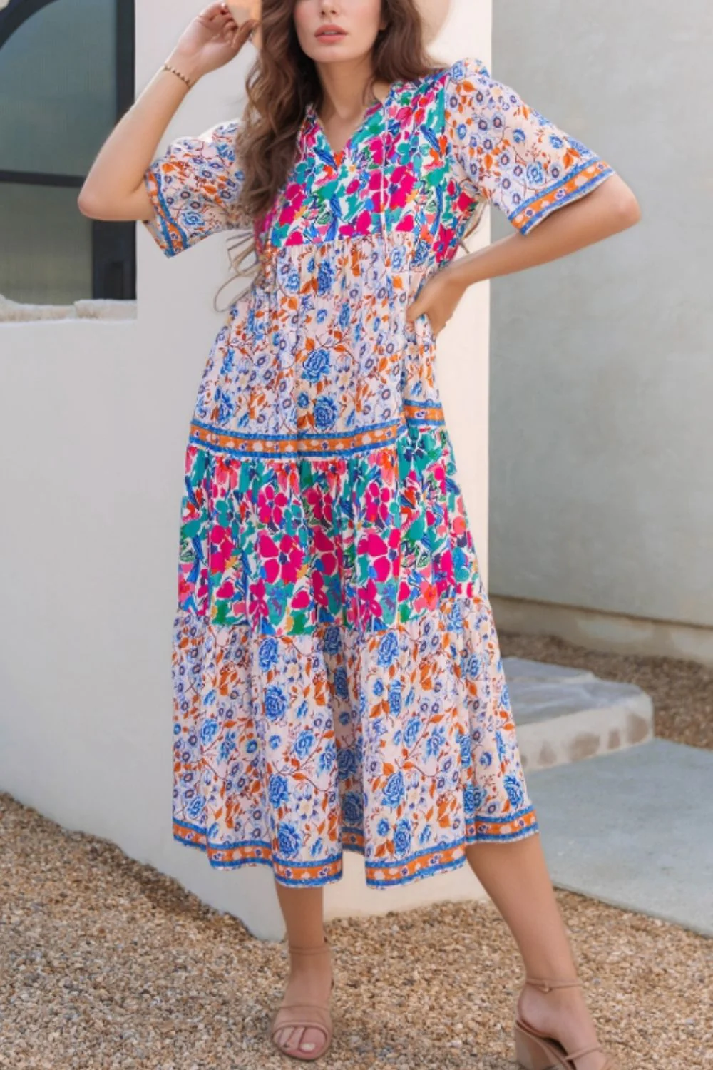 Mixed Floral Print Tie Neck Short Sleeve Dress - Image 2