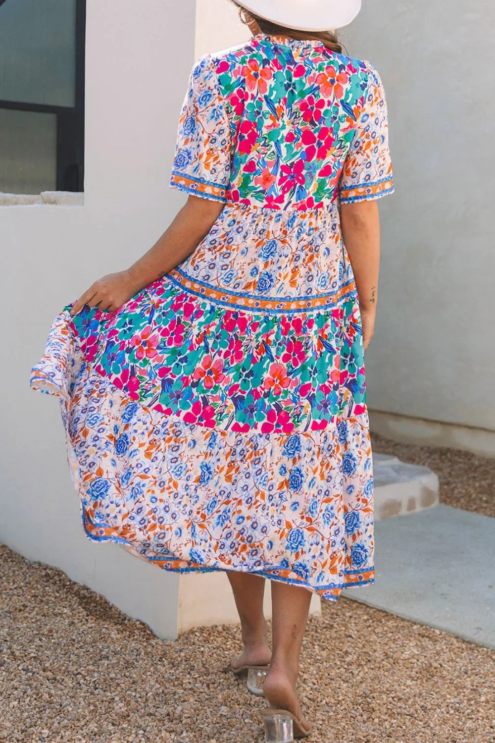 Mixed Floral Print Tie Neck Short Sleeve Dress - Image 3