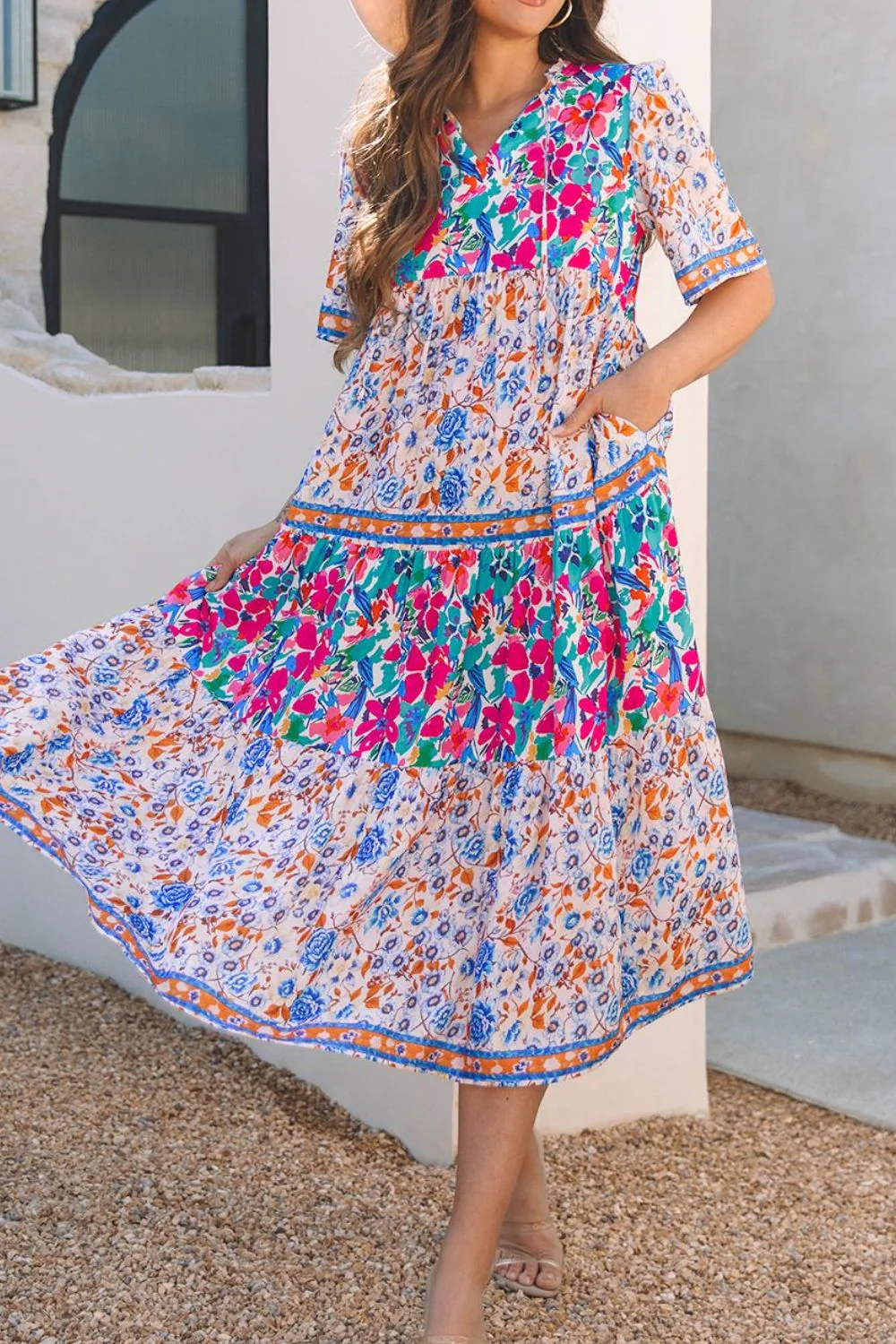 Mixed Floral Print Tie Neck Short Sleeve Dress - Image 4