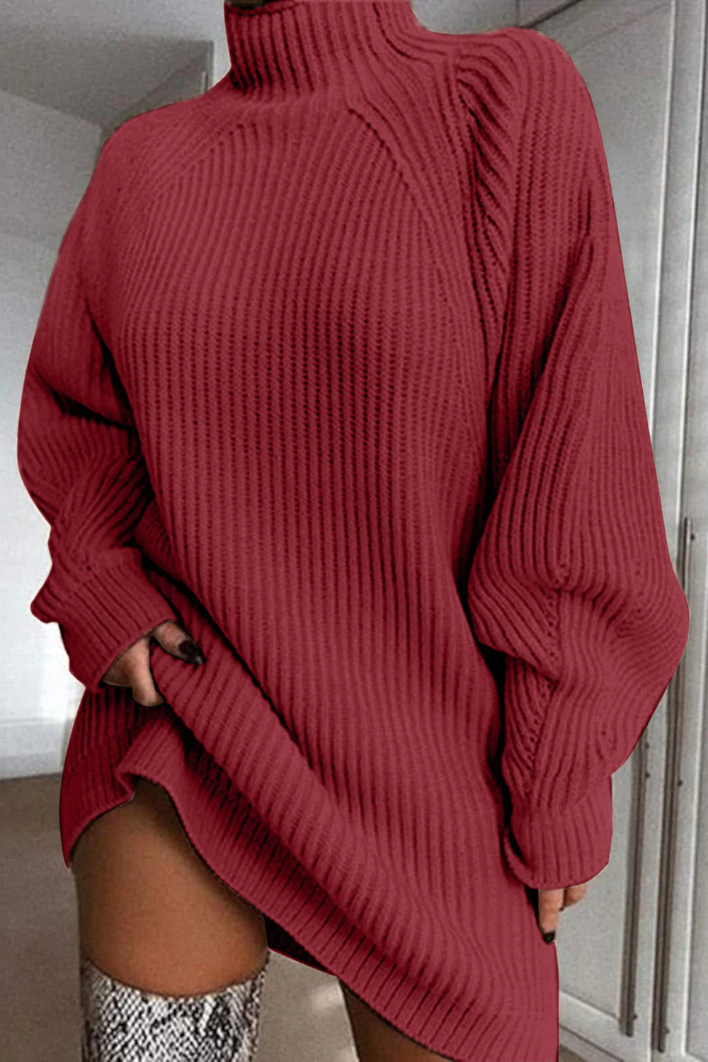 Mock Neck Dropped Shoulder Sweater Dress - Image 4