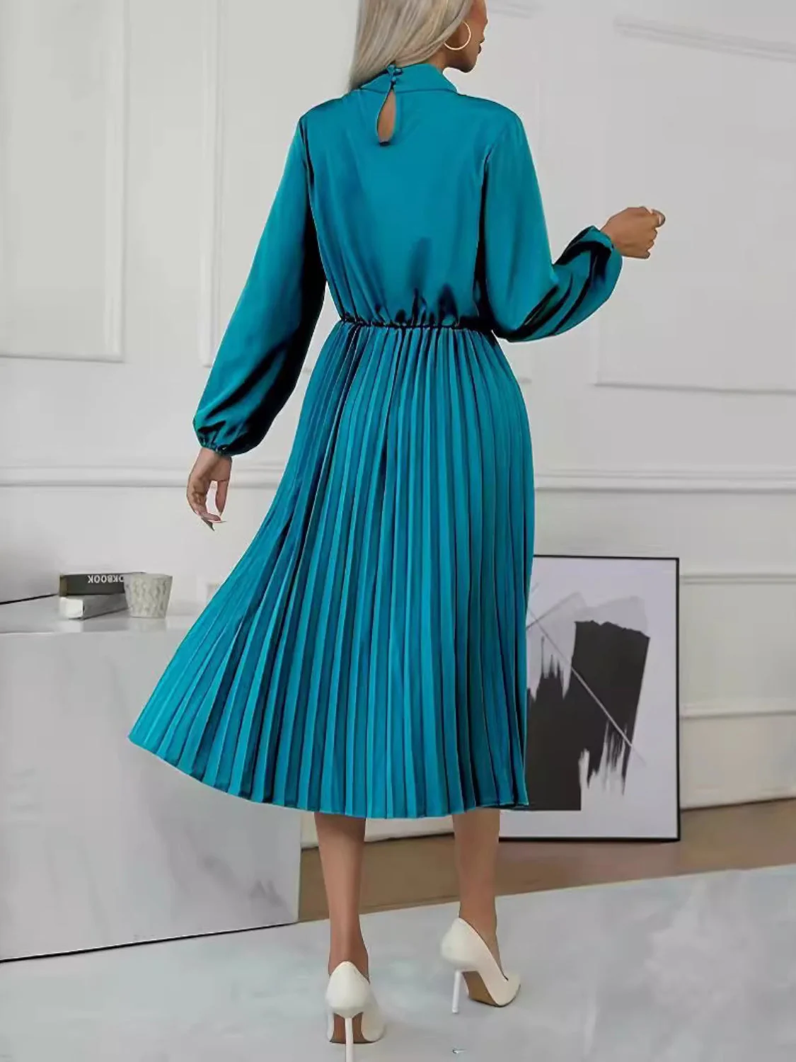 Mock Neck Long Sleeve Pleated Dress - Image 2