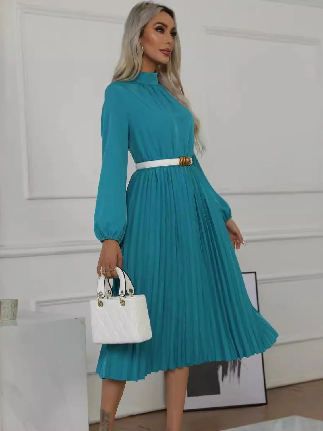 Mock Neck Long Sleeve Pleated Dress - Image 3