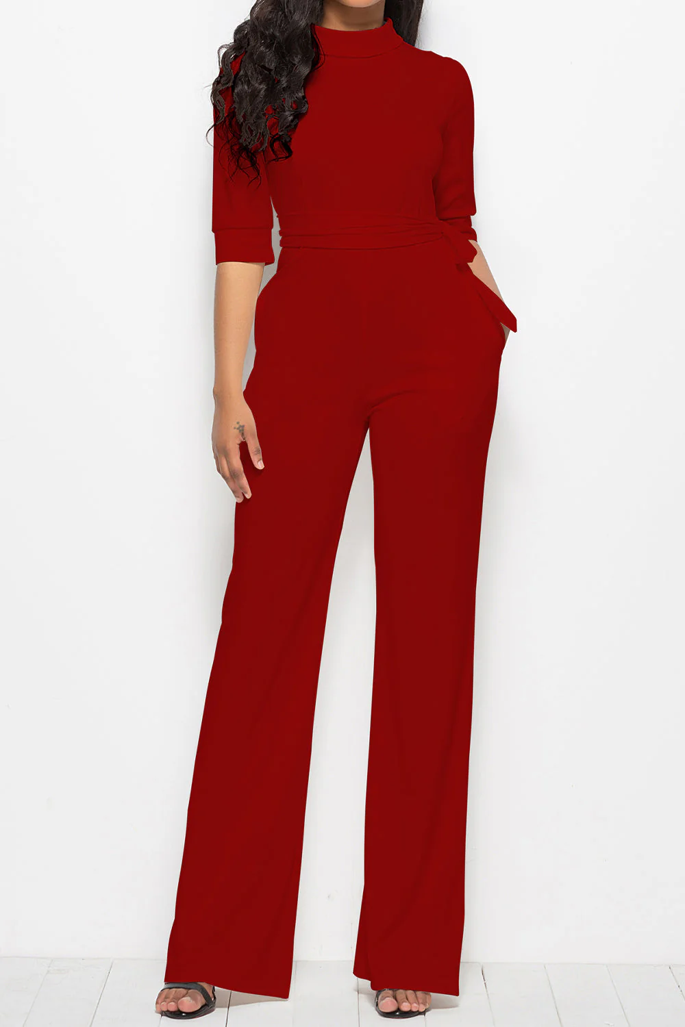 Mock Neck Tie-Waist Half Sleeve Jumpsuit - Image 18