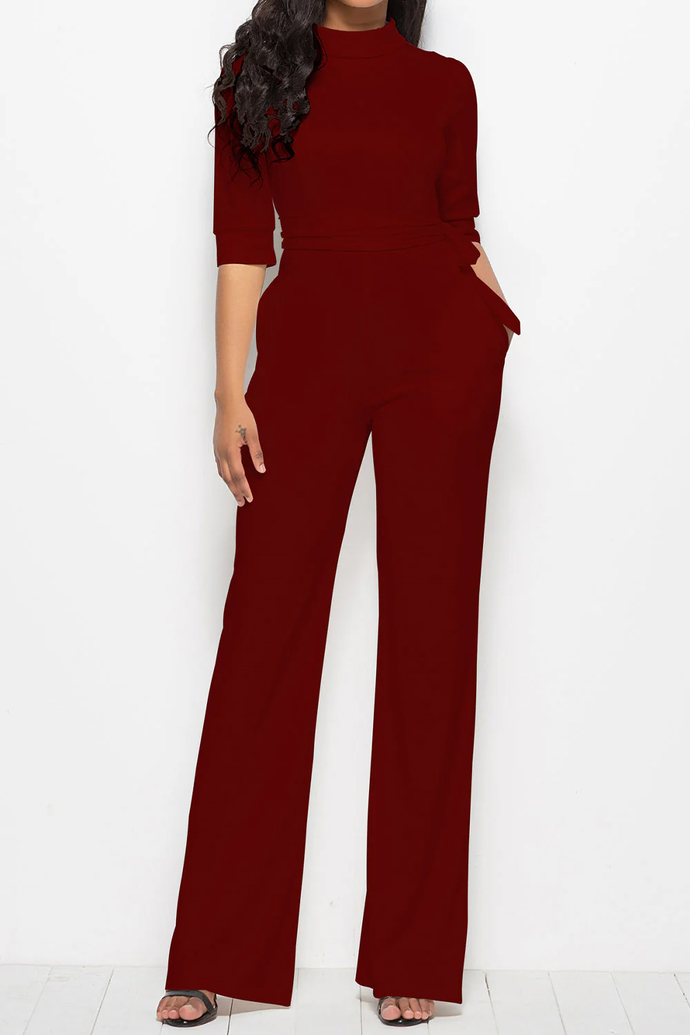 Mock Neck Tie-Waist Half Sleeve Jumpsuit - Image 24