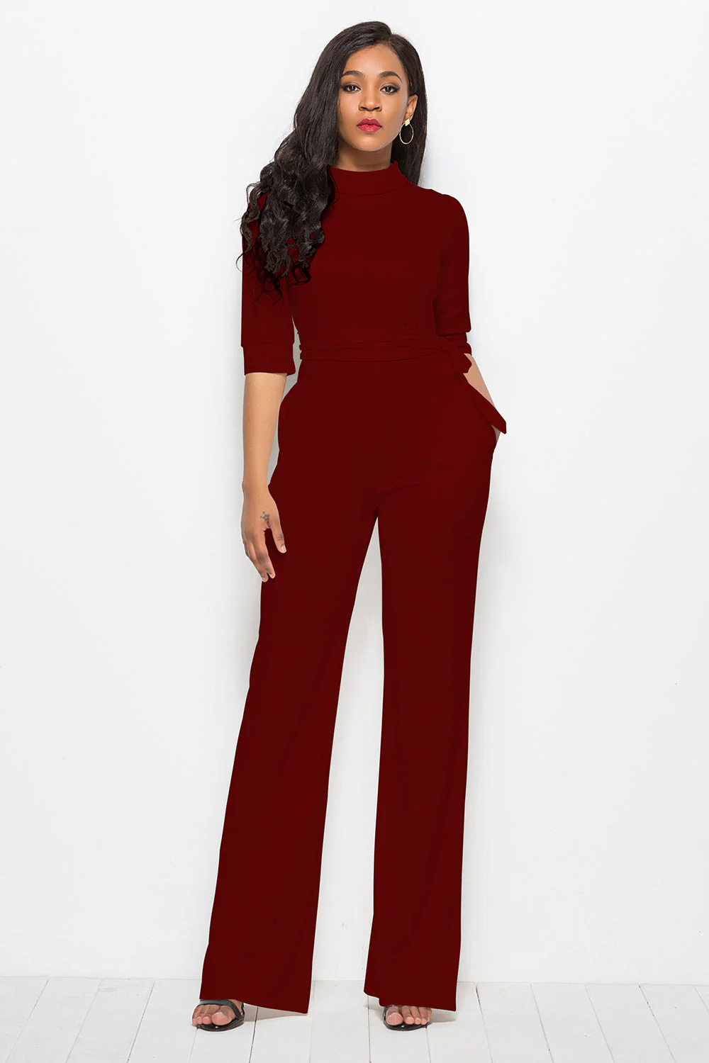 Mock Neck Tie-Waist Half Sleeve Jumpsuit - Image 25