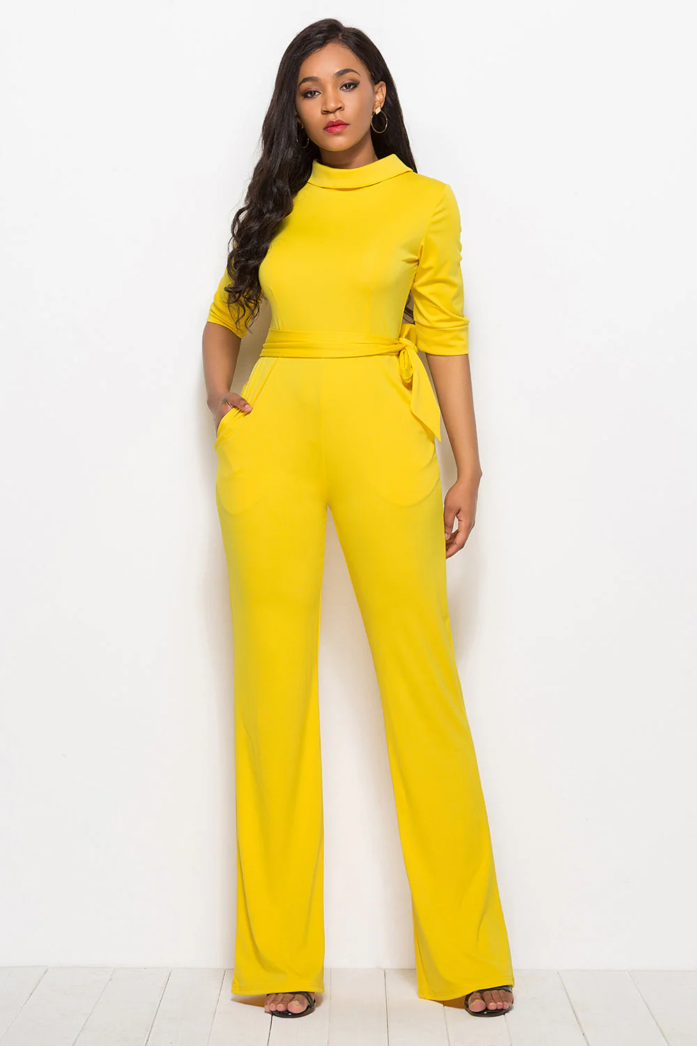 Mock Neck Tie-Waist Half Sleeve Jumpsuit - Image 3