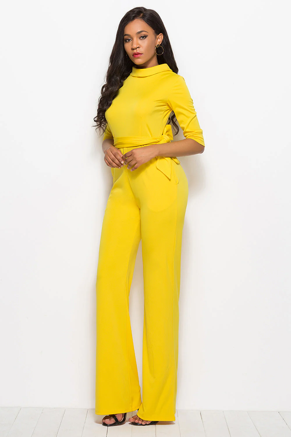 Mock Neck Tie-Waist Half Sleeve Jumpsuit - Image 5