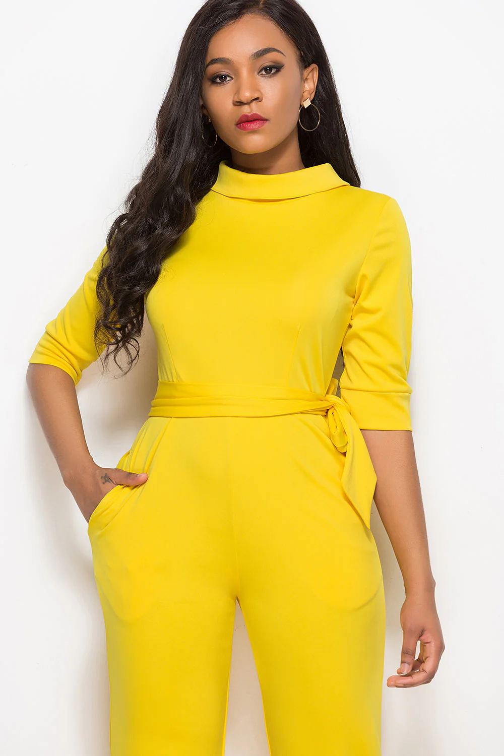 Mock Neck Tie-Waist Half Sleeve Jumpsuit - Image 6
