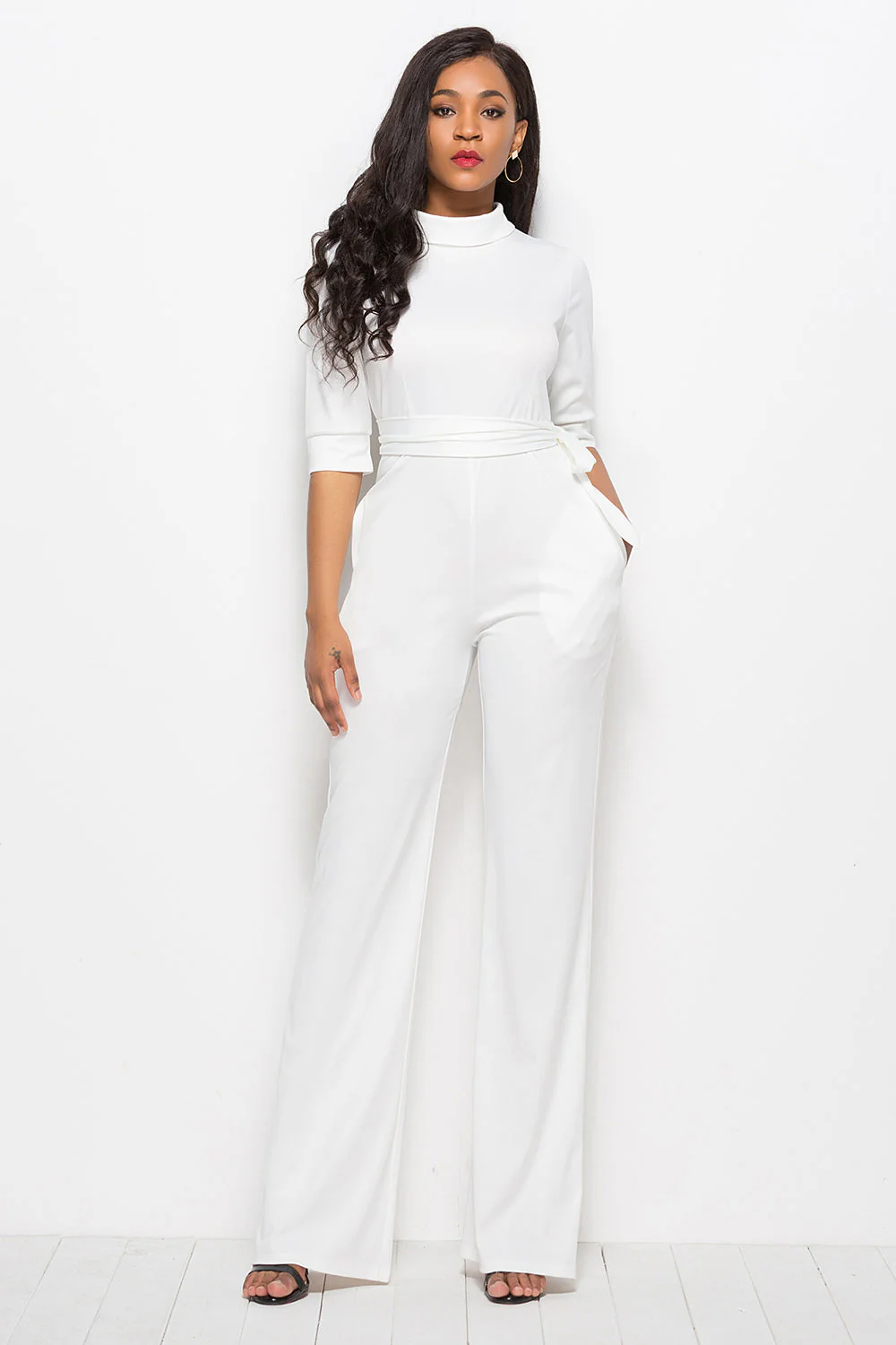 Mock Neck Tie-Waist Half Sleeve Jumpsuit - Image 7