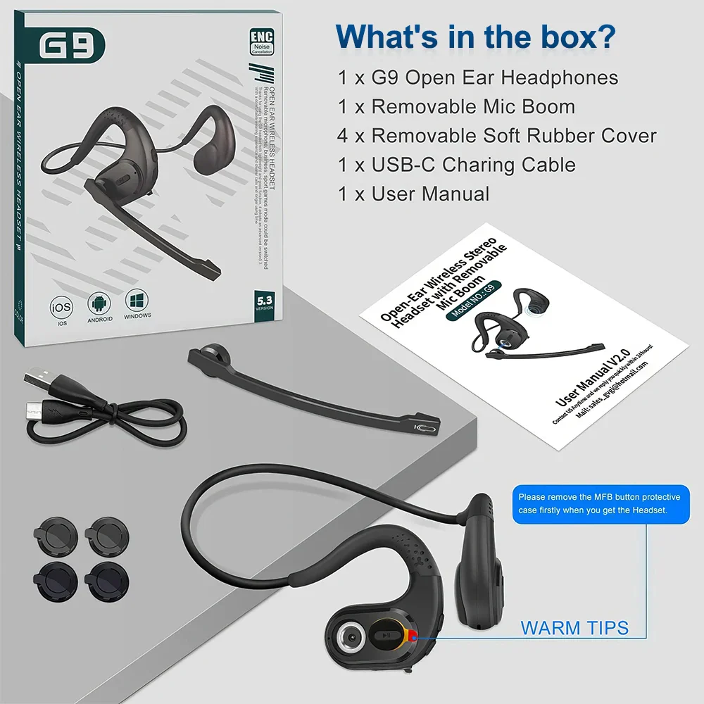 Mpow G9 Bluetooth 5.3 Open Ear Headphones with Removable Microphone Noise Cancelling Air Conduction Headset with 12H Playtime - Image 9