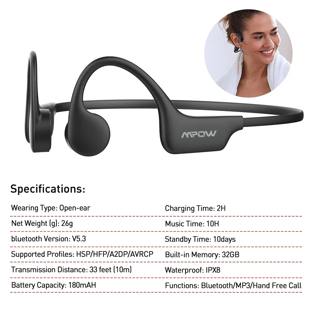 Mpow X6 Pro Bone Conduction Headphones Wireless Bluetooth 5.3 Waterproof IPX8 Professional Sports Headset Built-in 32GB Memory - Image 10