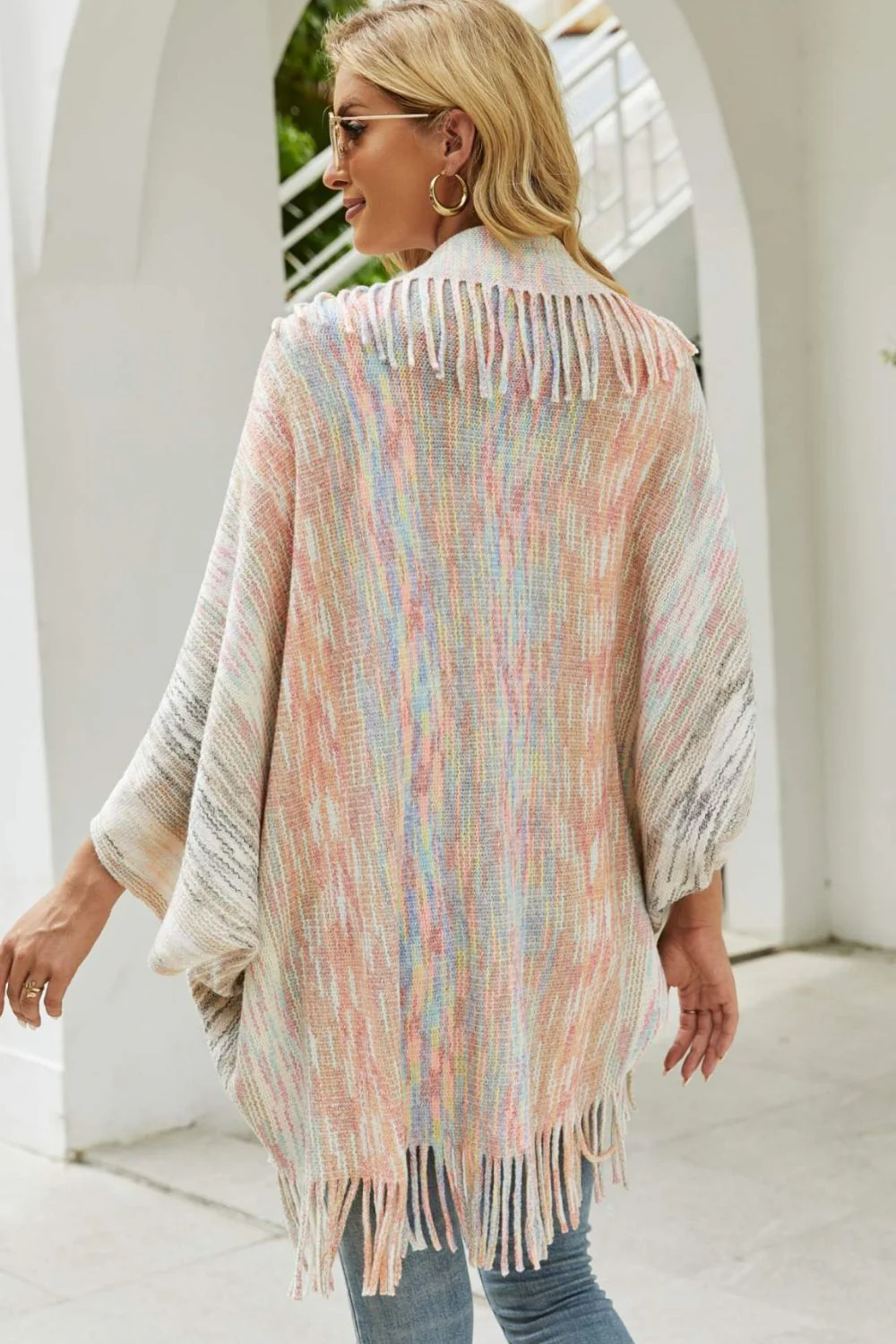 Multicolored Fringe Trim Poncho - Image 2