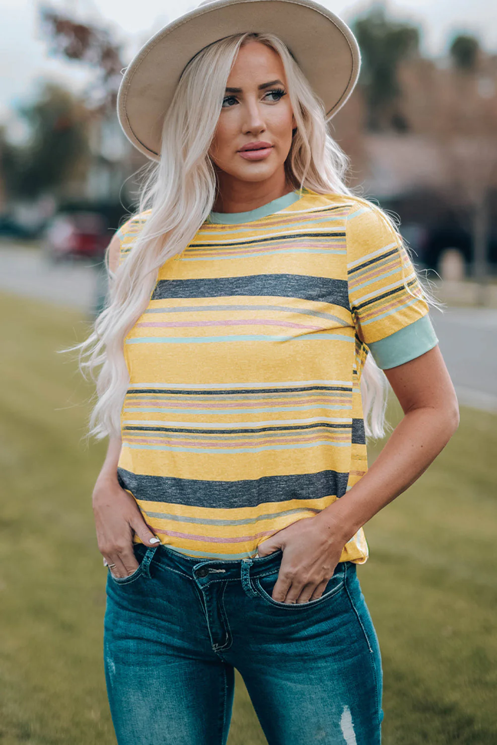 Multicolored Striped Round Neck Tee Shirt - Image 3