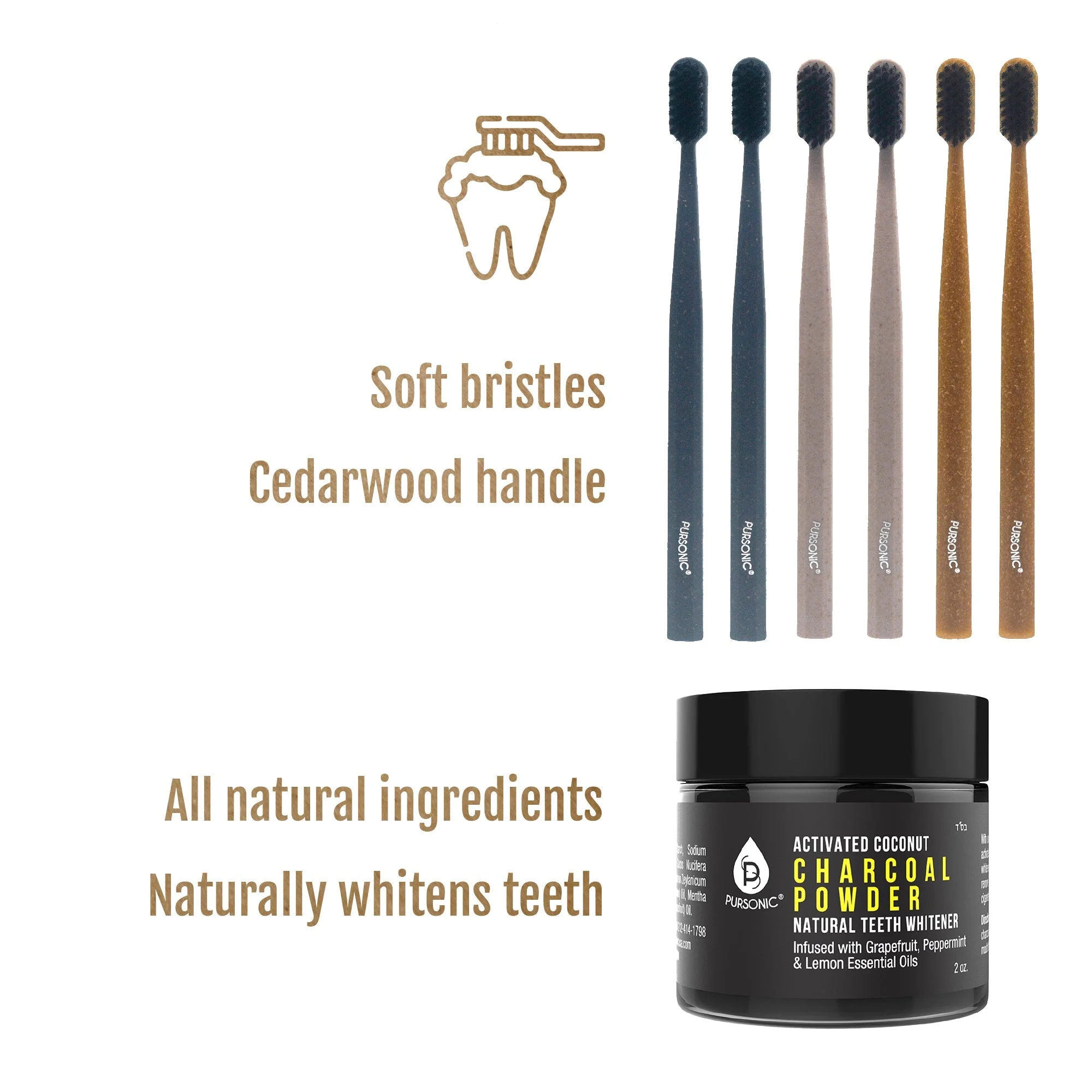Natural Radiance Combo: Activated Coconut Charcoal Powder Natural Teeth Whitener + 100% Eco-friendly Cedarwood Toothbrushes (6 Pack) by Pursonic - Image 2